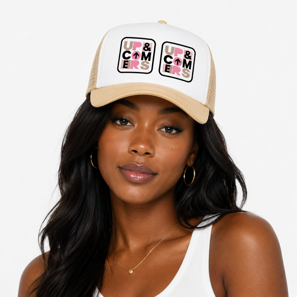 Beige Hat Up&Comers Double Logo Unisex Trucker)