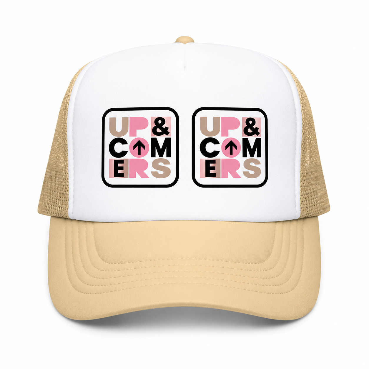 Beige Hat Up&Comers Double Logo Unisex Trucker)